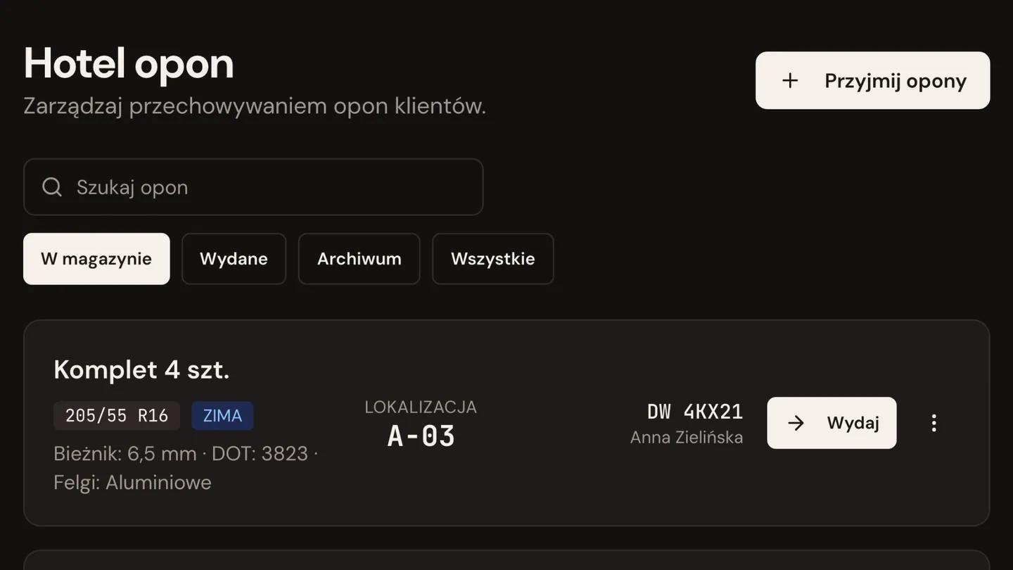 Hotel opon w mWarsztat: komplety w przechowaniu z rozmiarem i miejscem.