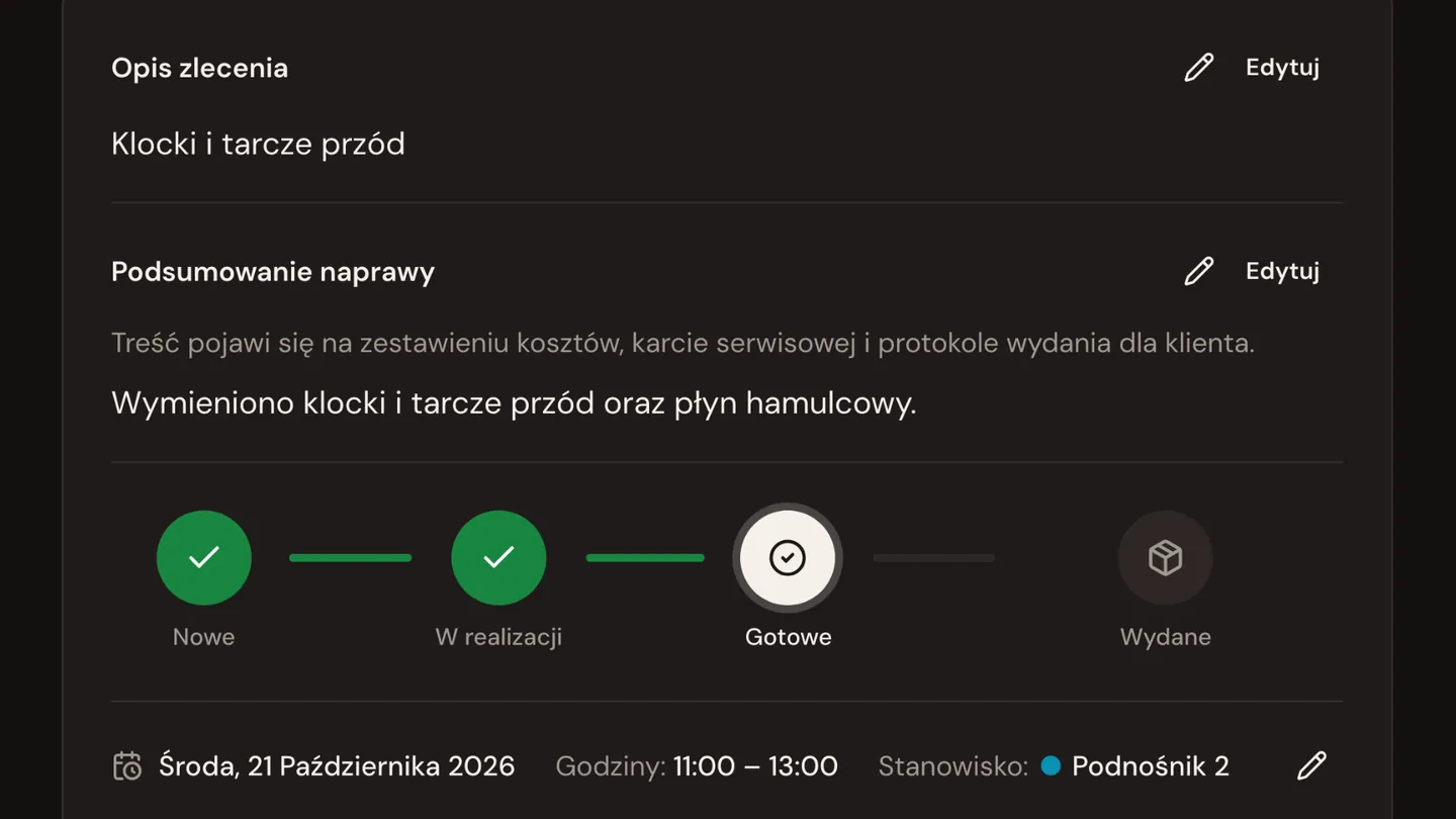 Karta zlecenia w mWarsztat: opis prac, podsumowanie naprawy i pasek statusu Nowe → W realizacji → Gotowe → Wydane.