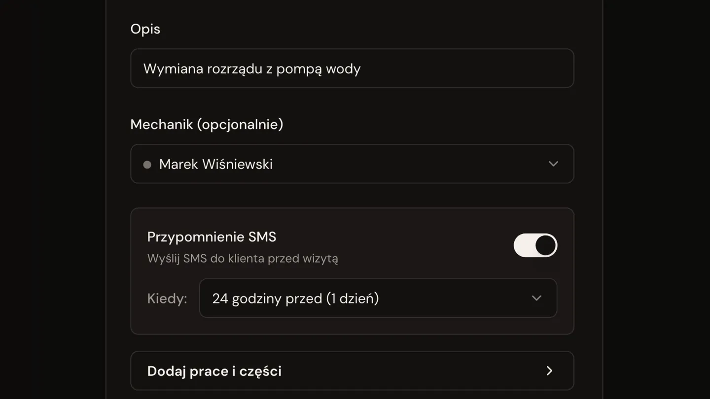 Przypomnienie SMS przy rezerwacji wizyty w mWarsztat: 24 godziny przed.