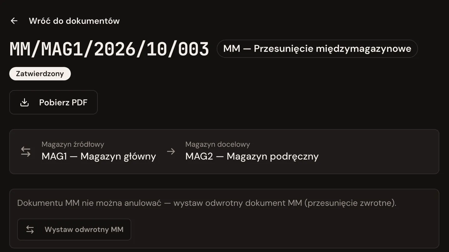 Dokument MM w mWarsztat: przesunięcie części między magazynami.