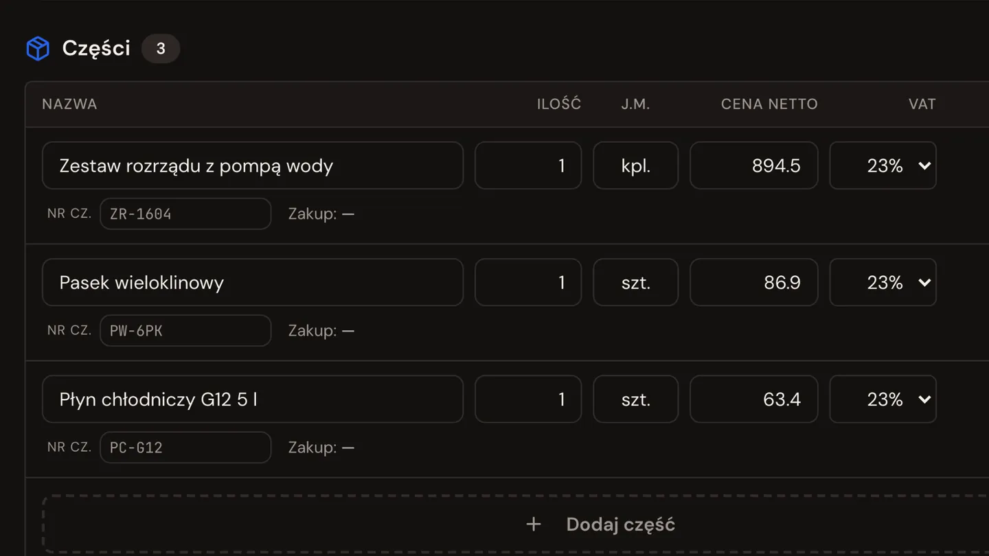Wycena naprawy w mWarsztat: części z numerem, ilością i ceną netto.