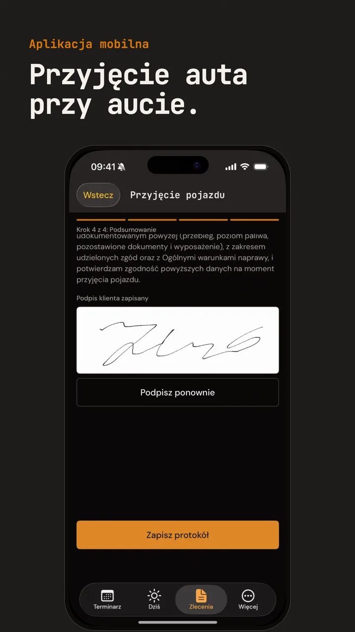 Aplikacja mWarsztat na telefonie: podsumowanie protokołu przyjęcia pojazdu z podpisem klienta i przyciskiem „Zapisz protokół”.