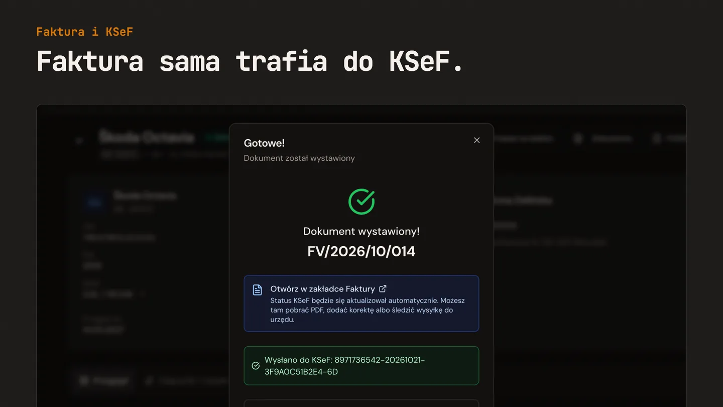 Okno „Gotowe!” po wystawieniu faktury FV/2026/10/014 z potwierdzeniem „Wysłano do KSeF” i numerem KSeF.