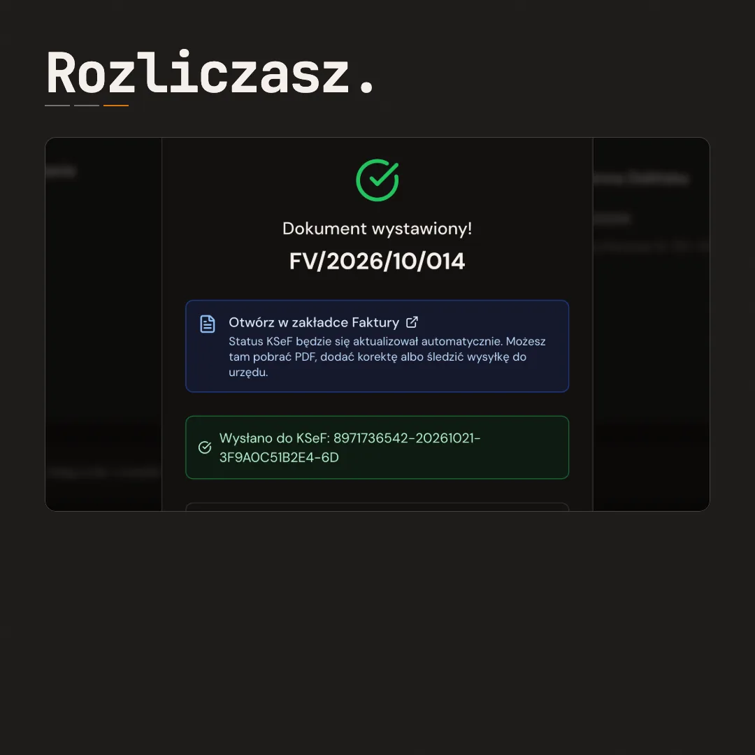 mWarsztat: faktura FV/2026/10/014 wystawiona i wysłana do KSeF. Ostatnia scena filmu o dniu warsztatu: terminarz, przyjęcie auta na telefonie, faktura.