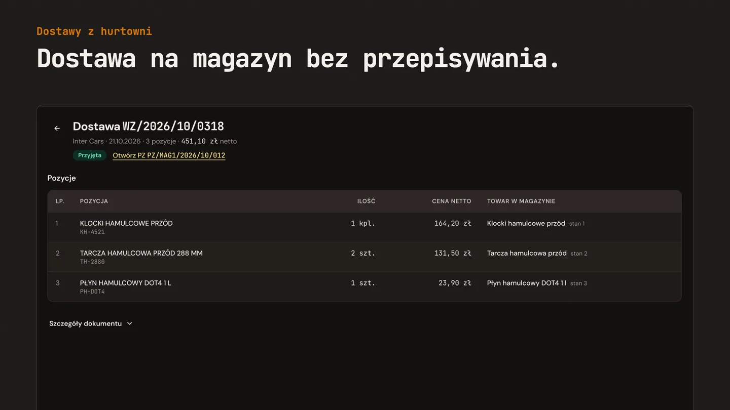 Dostawa Inter Cars (WZ) przyjęta na magazyn w mWarsztat — pozycje z dokumentu hurtowni w dokumencie PZ.